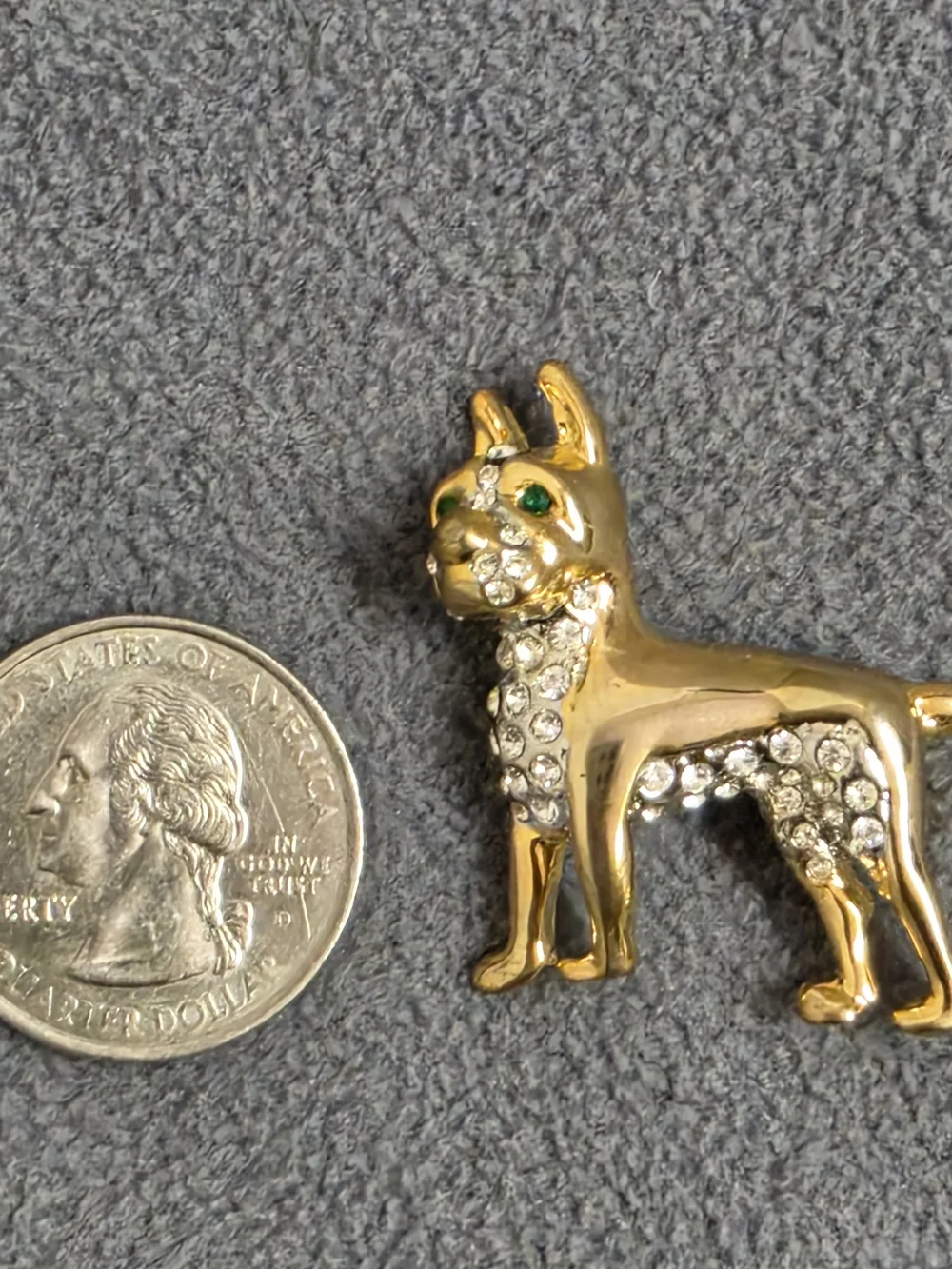 Gold Tone Boston Terrier Dog Brooch Green Eyes Clear Rhinestone Pin New